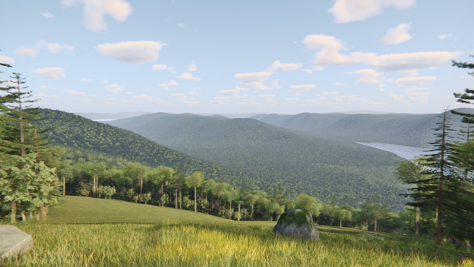 The overlook: a clearing on a hilltop and wooded hills to the horizon